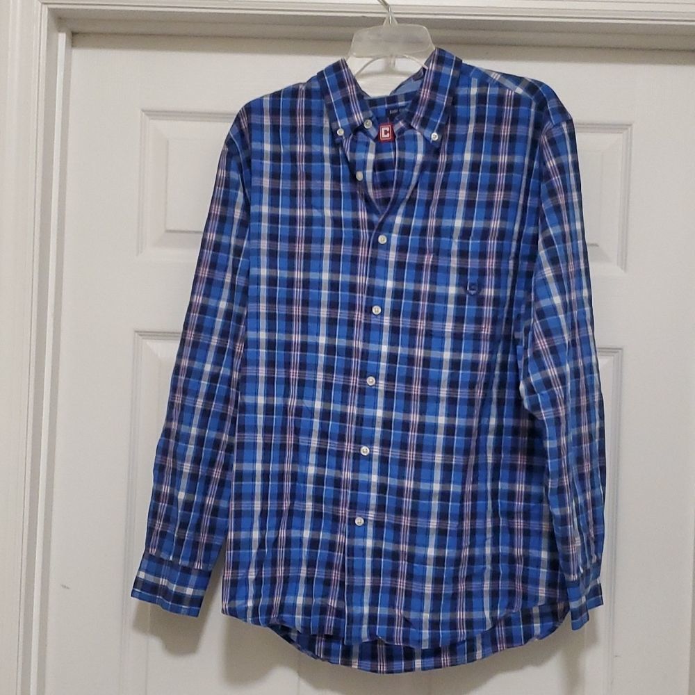 👍Chaps mens L blue plaid button down shirt